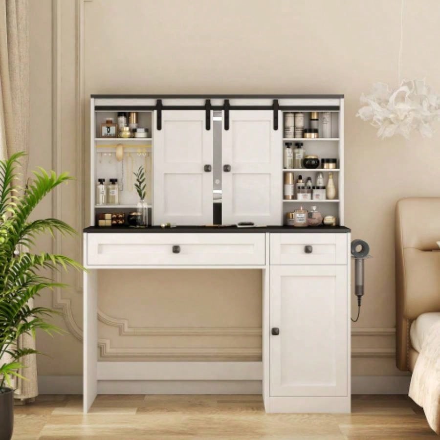 Farmhouse Dressing Table Makeup Table, 43 Wide Dressing Table with Lighted Mirror and Makeup Drawer, Large Modern Dressing Table Set with Hair Dryer Holder Bedroom, White