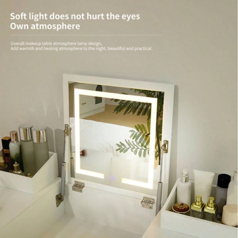 Vanity Desk Set with LED Lighted Mirror Power Outlet, Flip Top Makeup Vanity Table with Drawers Cabinet, Bedroom, Bathroom,