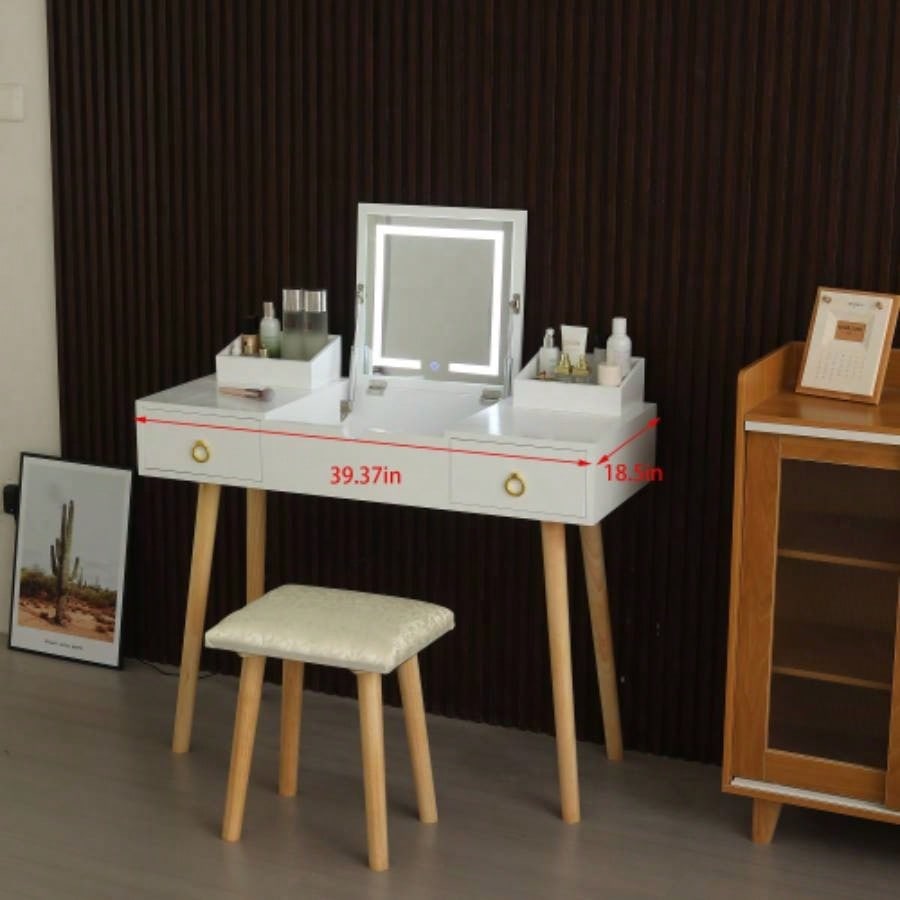 Vanity Desk Set with LED Lighted Mirror Power Outlet, Flip Top Makeup Vanity Table with Drawers Cabinet, Bedroom, Bathroom,