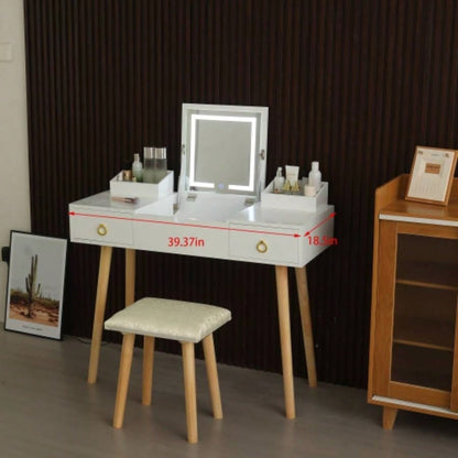 Vanity Desk Set with LED Lighted Mirror Power Outlet, Flip Top Makeup Vanity Table with Drawers Cabinet, Bedroom, Bathroom,