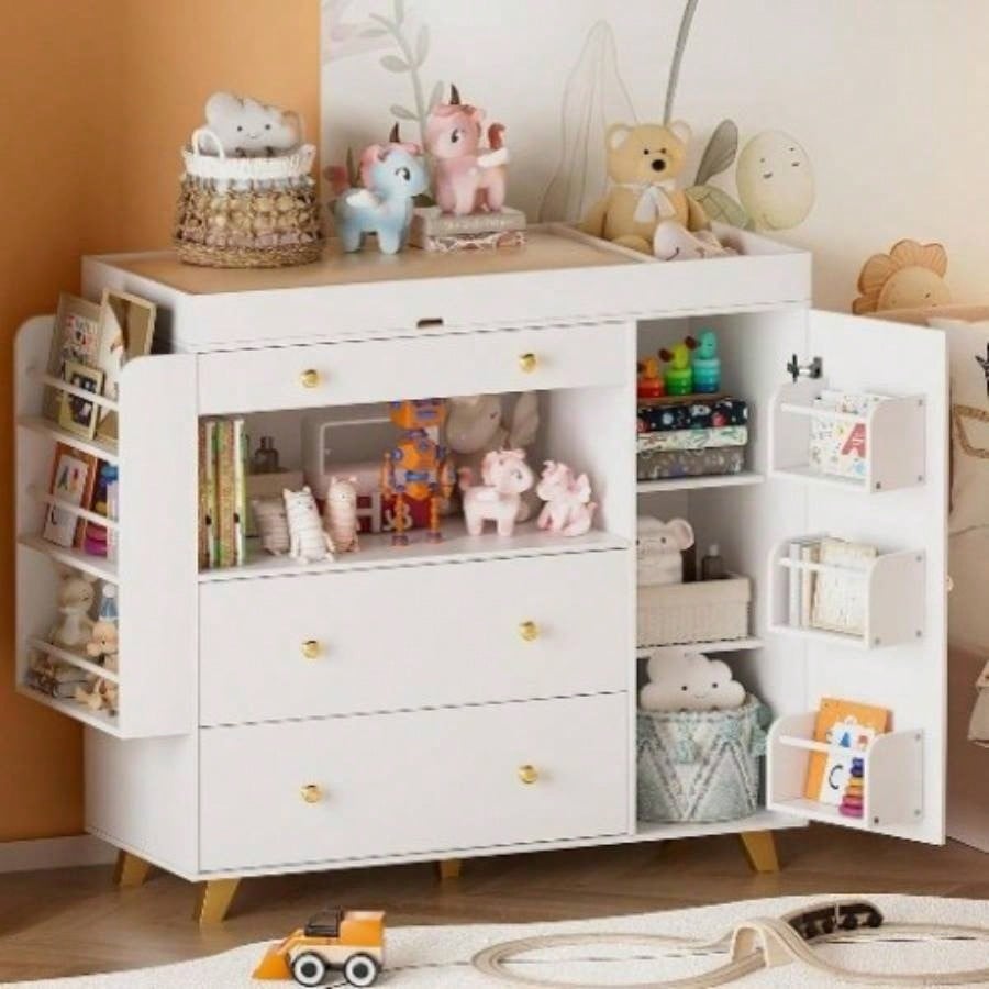 Changing Table Modern Dresser with Wide Table Top, 3Drawers, White Drawer Dresser