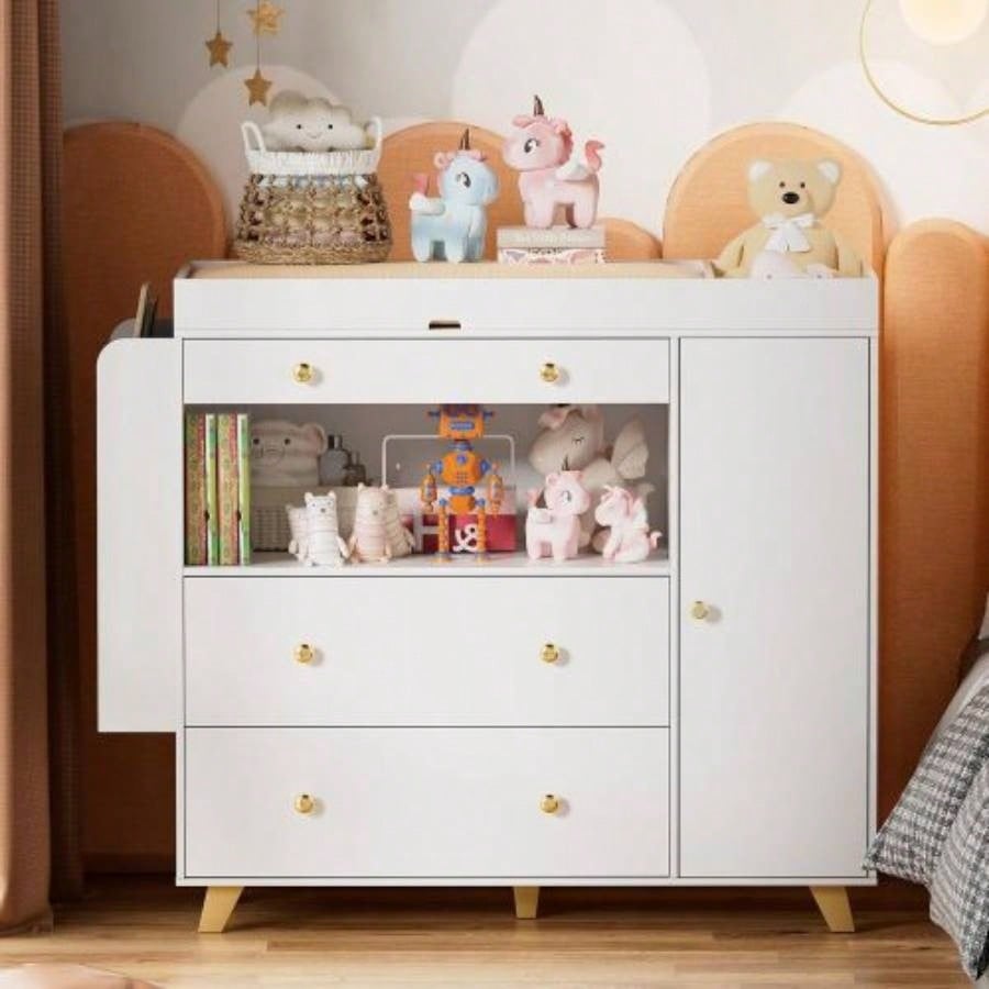 Changing Table Modern Dresser with Wide Table Top, 3Drawers, White Drawer Dresser
