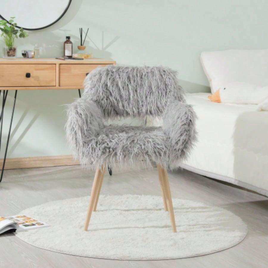 Faux Fur Upholstered Make up chair Side Dining Chair with Metal LegBeech Metal Leg