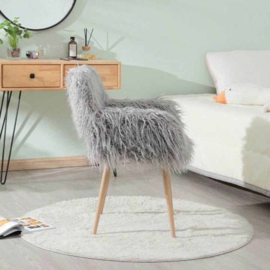 Faux Fur Upholstered Make up chair Side Dining Chair with Metal LegBeech Metal Leg