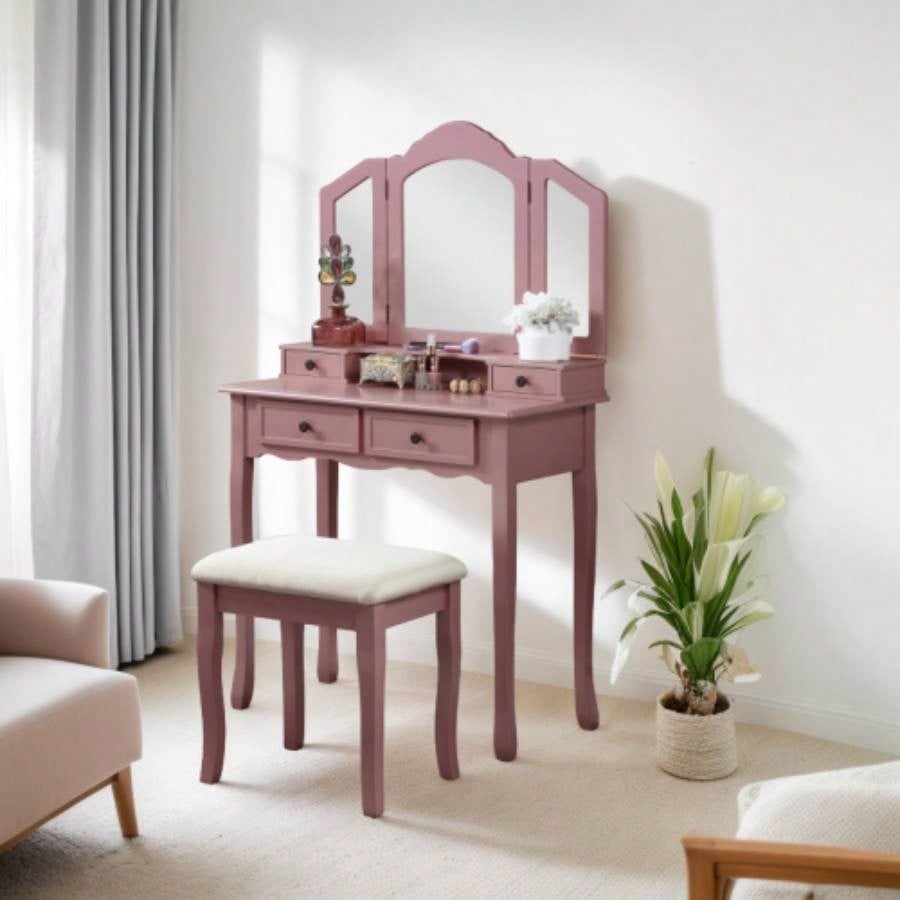 Sanlo Wooden Vanity Make Up Table and Stool Set, Gold