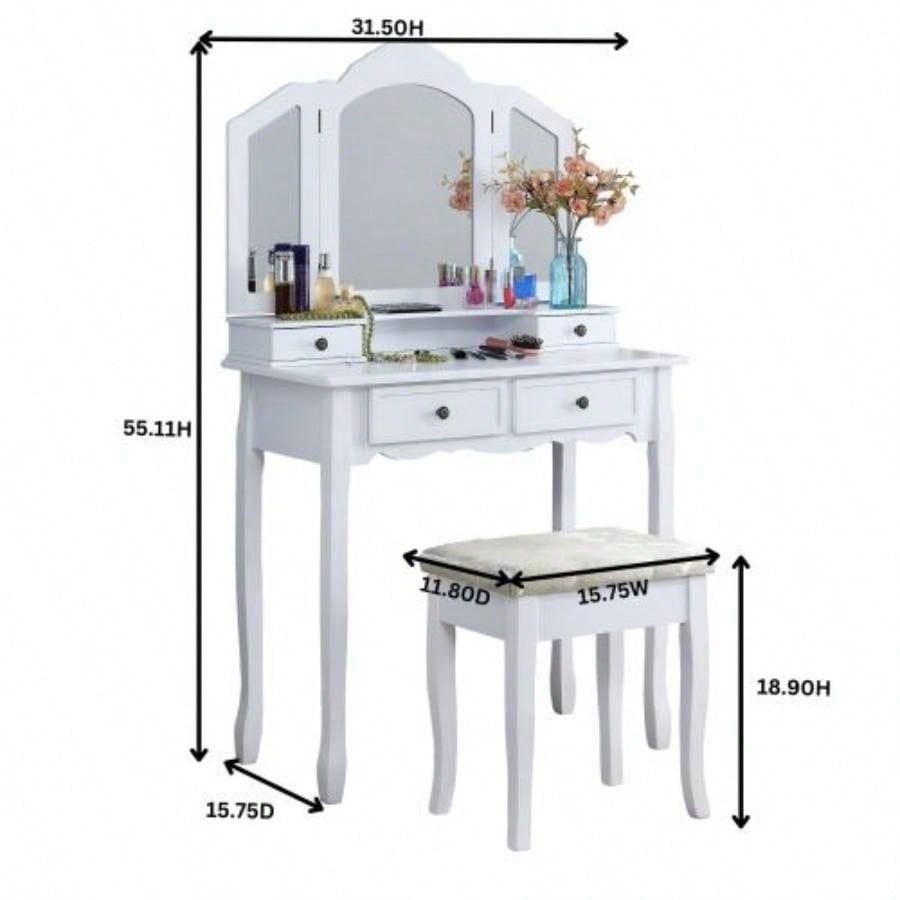 Sanlo Wooden Vanity Make Up Table and Stool Set, Gold