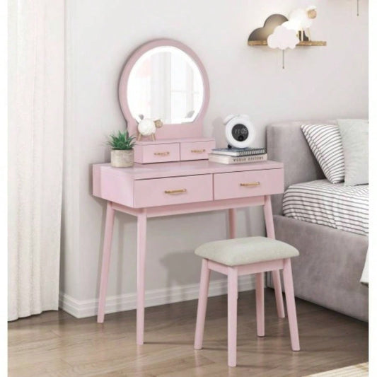 Beautiful Pink Vanity Dresser with Mirror and Stool Set Storage Drawers Bedroom Furniture 1pc