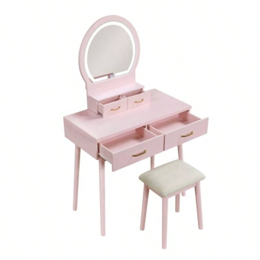 Beautiful Pink Vanity Dresser with Mirror and Stool Set Storage Drawers Bedroom Furniture 1pc
