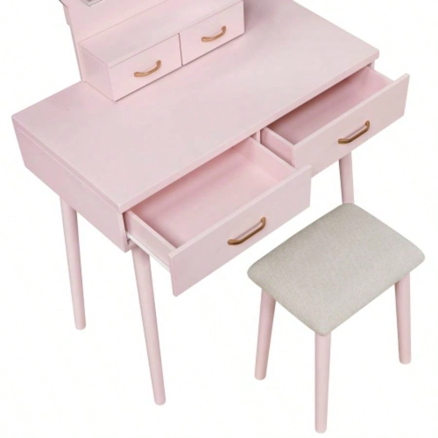 Beautiful Pink Vanity Dresser with Mirror and Stool Set Storage Drawers Bedroom Furniture 1pc