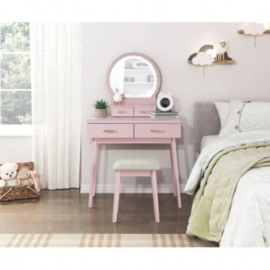 Beautiful Pink Vanity Dresser with Mirror and Stool Set Storage Drawers Bedroom Furniture 1pc