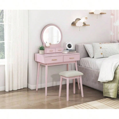 Beautiful Pink Vanity Dresser with Mirror and Stool Set Storage Drawers Bedroom Furniture 1pc