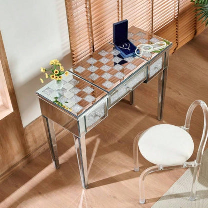 Mirrored Makeup Vanity Desk with Crushed Inlay, Silver Dressing Table with Flip - Top Mirror, Glass Console Table Bedroom, Entryway, Dressing Room, Silver