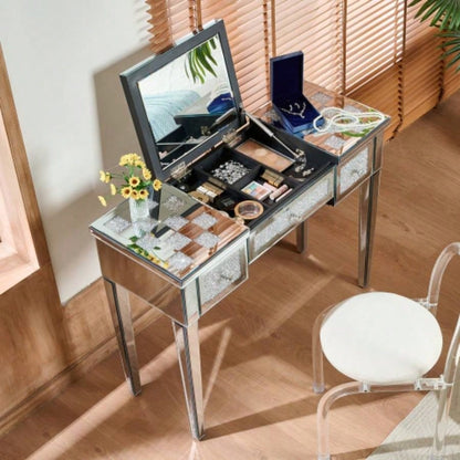 Mirrored Makeup Vanity Desk with Crushed Inlay, Silver Dressing Table with Flip - Top Mirror, Glass Console Table Bedroom, Entryway, Dressing Room, Silver