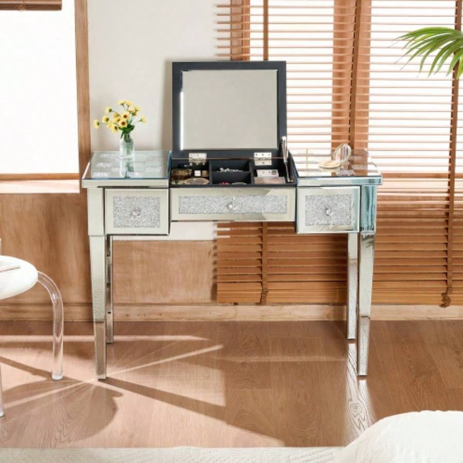 Mirrored Makeup Vanity Desk with Crushed Inlay, Silver Dressing Table with Flip - Top Mirror, Glass Console Table Bedroom, Entryway, Dressing Room, Silver