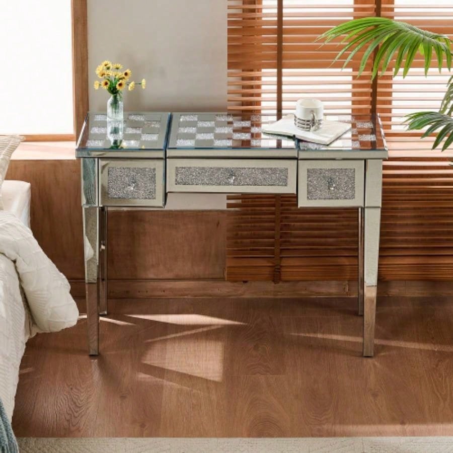 Mirrored Makeup Vanity Desk with Crushed Inlay, Silver Dressing Table with Flip - Top Mirror, Glass Console Table Bedroom, Entryway, Dressing Room, Silver