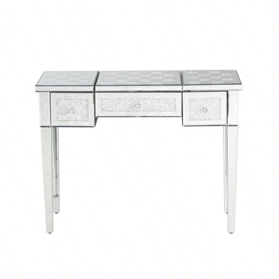 Mirrored Makeup Vanity Desk with Crushed Inlay, Silver Dressing Table with Flip - Top Mirror, Glass Console Table Bedroom, Entryway, Dressing Room, Silver