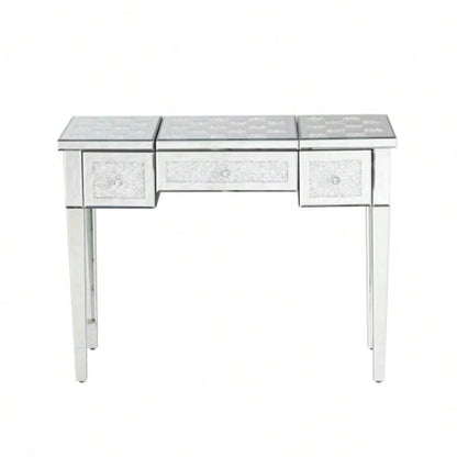 Mirrored Makeup Vanity Desk with Crushed Inlay, Silver Dressing Table with Flip - Top Mirror, Glass Console Table Bedroom, Entryway, Dressing Room, Silver