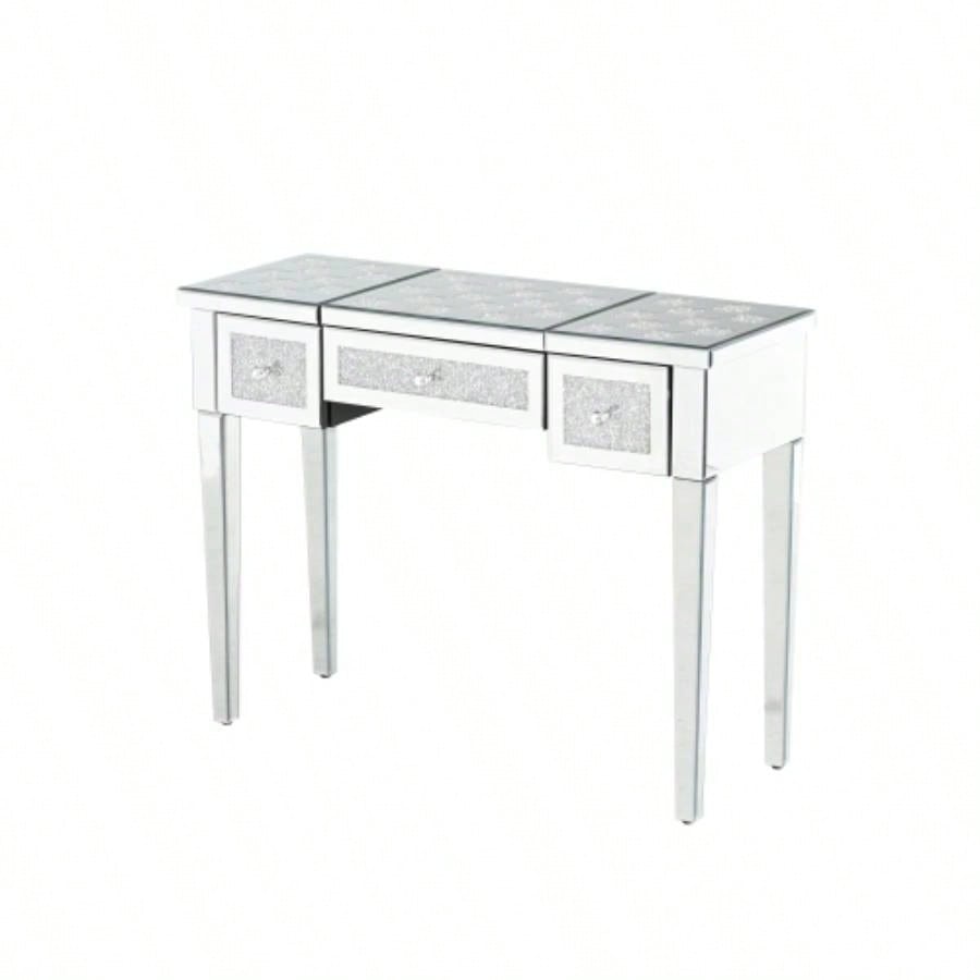 Mirrored Makeup Vanity Desk with Crushed Inlay, Silver Dressing Table with Flip - Top Mirror, Glass Console Table Bedroom, Entryway, Dressing Room, Silver