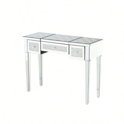 Mirrored Makeup Vanity Desk with Crushed Inlay, Silver Dressing Table with Flip - Top Mirror, Glass Console Table Bedroom, Entryway, Dressing Room, Silver