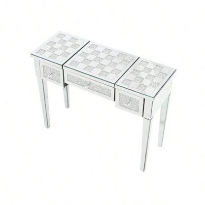 Mirrored Makeup Vanity Desk with Crushed Inlay, Silver Dressing Table with Flip - Top Mirror, Glass Console Table Bedroom, Entryway, Dressing Room, Silver