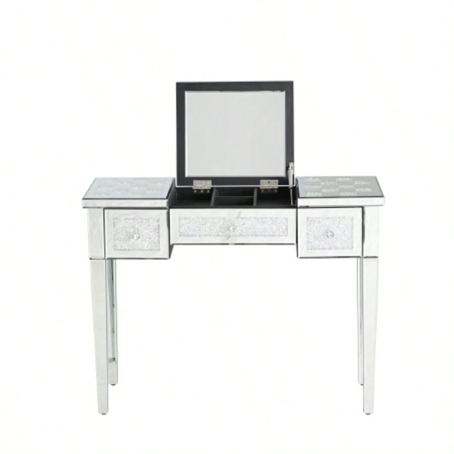 Mirrored Makeup Vanity Desk with Crushed Inlay, Silver Dressing Table with Flip - Top Mirror, Glass Console Table Bedroom, Entryway, Dressing Room, Silver