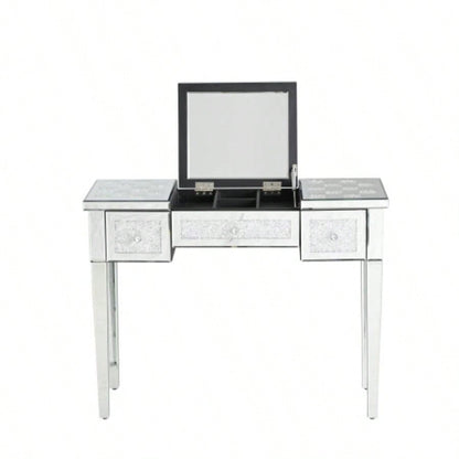 Mirrored Makeup Vanity Desk with Crushed Inlay, Silver Dressing Table with Flip - Top Mirror, Glass Console Table Bedroom, Entryway, Dressing Room, Silver