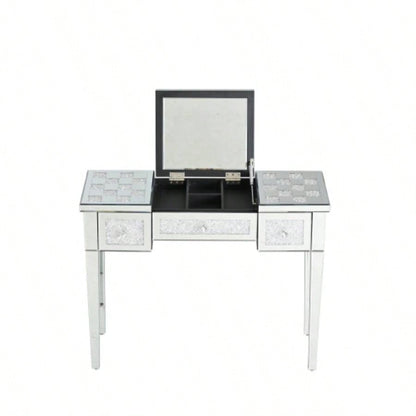 Mirrored Makeup Vanity Desk with Crushed Inlay, Silver Dressing Table with Flip - Top Mirror, Glass Console Table Bedroom, Entryway, Dressing Room, Silver