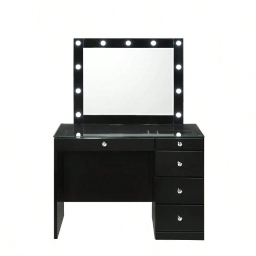 3pc Black Makeup Vanity Set Lighted Mirror Glass Top 5 Drawers Knobs Round Stool Wooden Bedroom Furniture Black