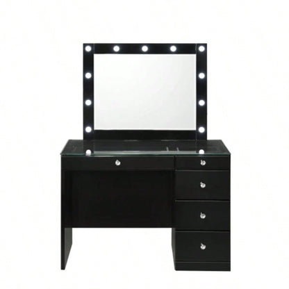 3pc Black Makeup Vanity Set Lighted Mirror Glass Top 5 Drawers Knobs Round Stool Wooden Bedroom Furniture Black