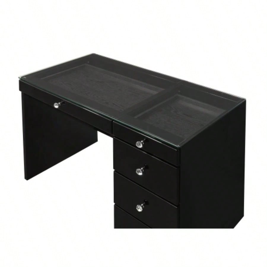 3pc Black Makeup Vanity Set Lighted Mirror Glass Top 5 Drawers Knobs Round Stool Wooden Bedroom Furniture Black