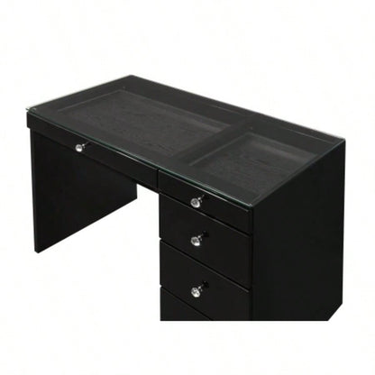 3pc Black Makeup Vanity Set Lighted Mirror Glass Top 5 Drawers Knobs Round Stool Wooden Bedroom Furniture Black