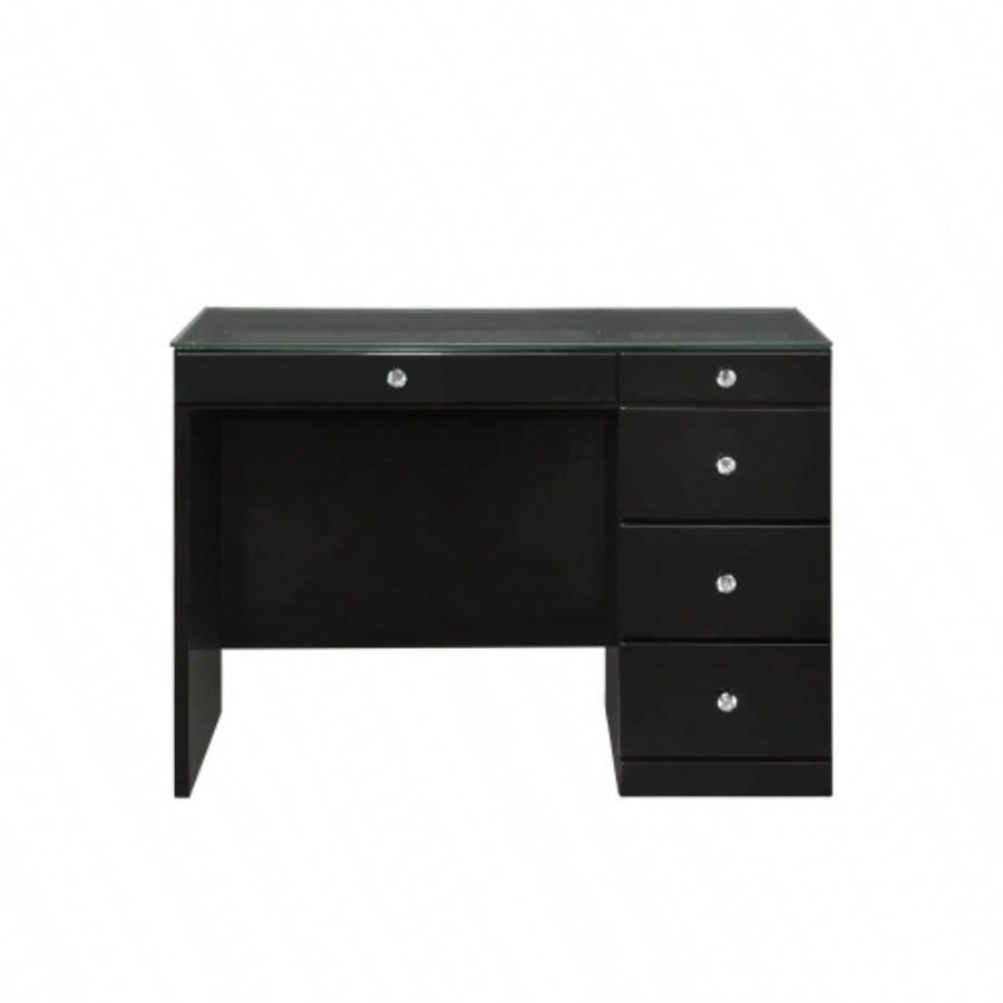 3pc Black Makeup Vanity Set Lighted Mirror Glass Top 5 Drawers Knobs Round Stool Wooden Bedroom Furniture Black