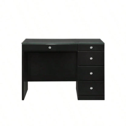 3pc Black Makeup Vanity Set Lighted Mirror Glass Top 5 Drawers Knobs Round Stool Wooden Bedroom Furniture Black