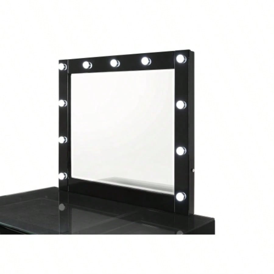 3pc Black Makeup Vanity Set Lighted Mirror Glass Top 5 Drawers Knobs Round Stool Wooden Bedroom Furniture Black