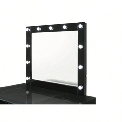 3pc Black Makeup Vanity Set Lighted Mirror Glass Top 5 Drawers Knobs Round Stool Wooden Bedroom Furniture Black
