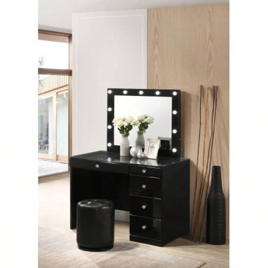 3pc Black Makeup Vanity Set Lighted Mirror Glass Top 5 Drawers Knobs Round Stool Wooden Bedroom Furniture Black