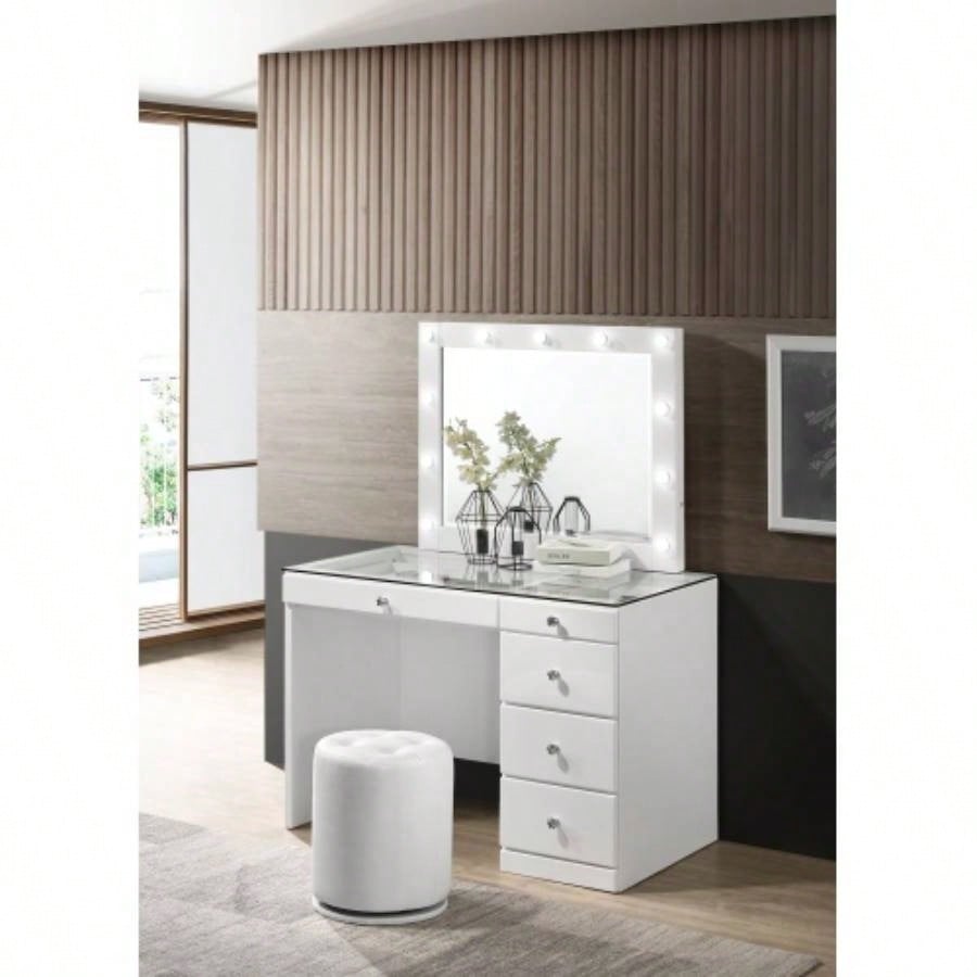 3pc Black Makeup Vanity Set Lighted Mirror Glass Top 5 Drawers Knobs Round Stool Wooden Bedroom Furniture Black
