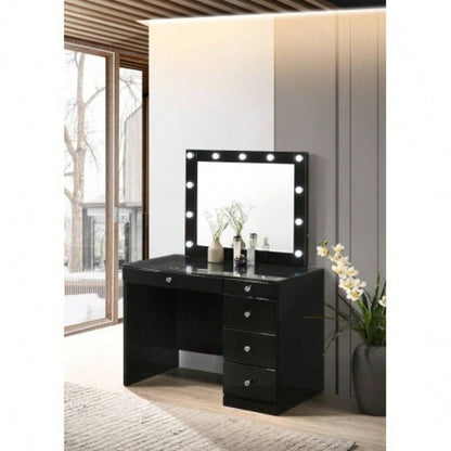 3pc Black Makeup Vanity Set Lighted Mirror Glass Top 5 Drawers Knobs Round Stool Wooden Bedroom Furniture Black
