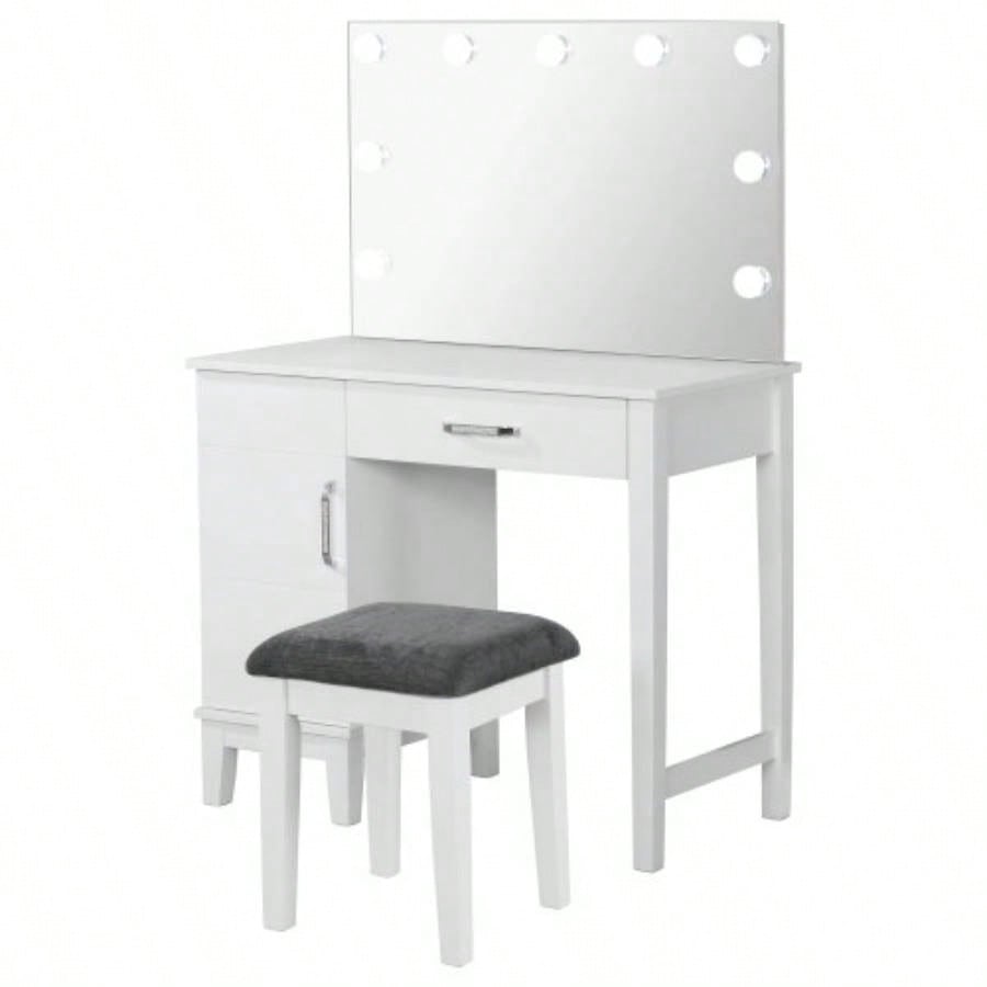 Elijah White and Dark Vanity Set with Lighting and Stool