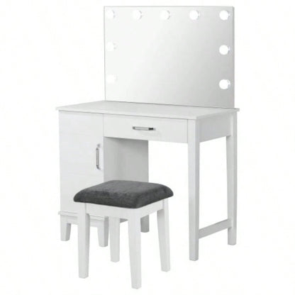 Elijah White and Dark Vanity Set with Lighting and Stool