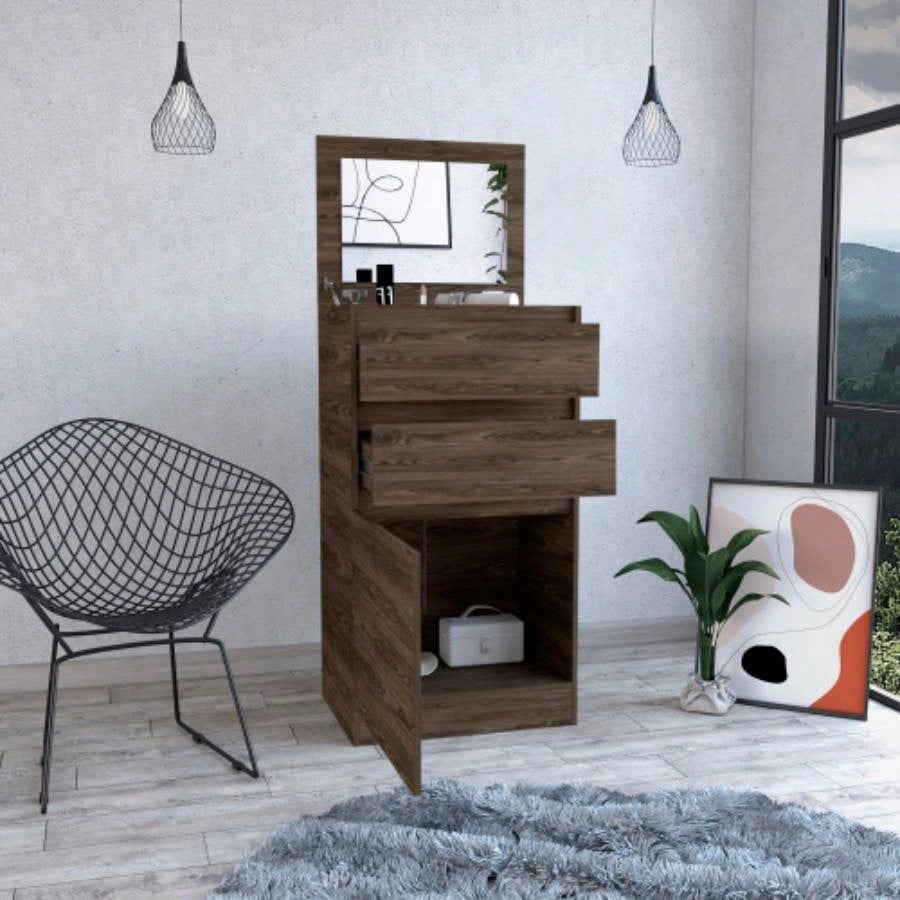 Kamelot Dresser With Jewelry Box, Single Door Cabinet, Mirror, Two Drawers - Dark Walnut