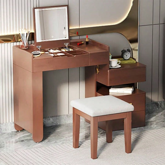 3 - in - 1 Makeup Vanity Desk with Flip - Top Mirror, LED Lighting, Adjustable Length Ample Drawers - Stylish Multi - Functional Dressing Table Home, Walnut