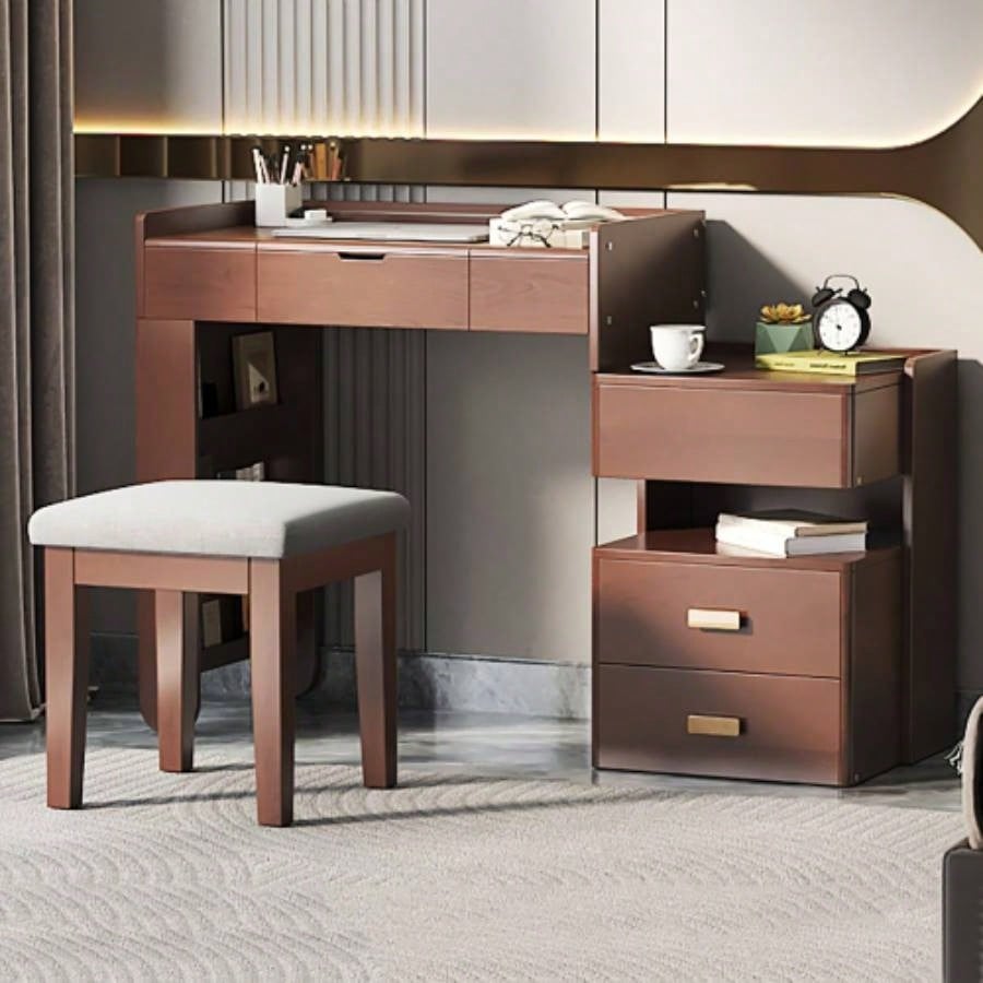 3 - in - 1 Makeup Vanity Desk with Flip - Top Mirror, LED Lighting, Adjustable Length Ample Drawers - Stylish Multi - Functional Dressing Table Home, Walnut