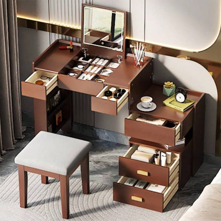 3 - in - 1 Makeup Vanity Desk with Flip - Top Mirror, LED Lighting, Adjustable Length Ample Drawers - Stylish Multi - Functional Dressing Table Home, Walnut