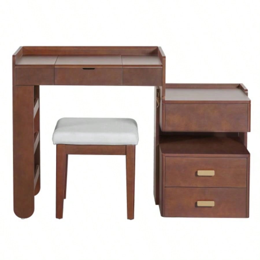 3 - in - 1 Makeup Vanity Desk with Flip - Top Mirror, LED Lighting, Adjustable Length Ample Drawers - Stylish Multi - Functional Dressing Table Home, Walnut