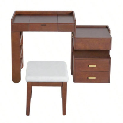 3 - in - 1 Makeup Vanity Desk with Flip - Top Mirror, LED Lighting, Adjustable Length Ample Drawers - Stylish Multi - Functional Dressing Table Home, Walnut