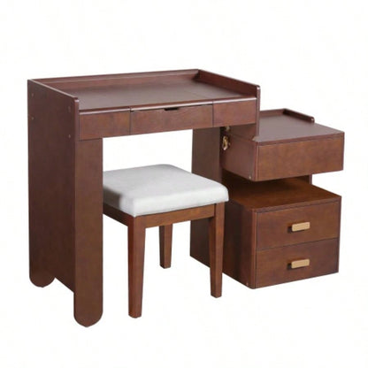 3 - in - 1 Makeup Vanity Desk with Flip - Top Mirror, LED Lighting, Adjustable Length Ample Drawers - Stylish Multi - Functional Dressing Table Home, Walnut
