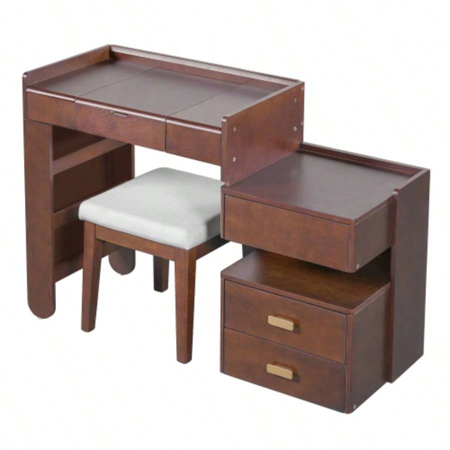 3 - in - 1 Makeup Vanity Desk with Flip - Top Mirror, LED Lighting, Adjustable Length Ample Drawers - Stylish Multi - Functional Dressing Table Home, Walnut