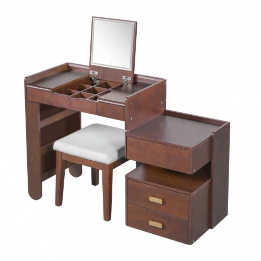 3 - in - 1 Makeup Vanity Desk with Flip - Top Mirror, LED Lighting, Adjustable Length Ample Drawers - Stylish Multi - Functional Dressing Table Home, Walnut
