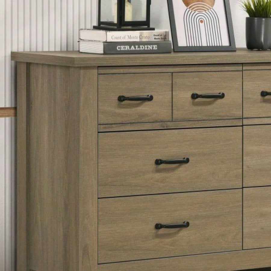 Finn 51 Coffee Gray Oak Dresser with 6 Drawers and Black Handles